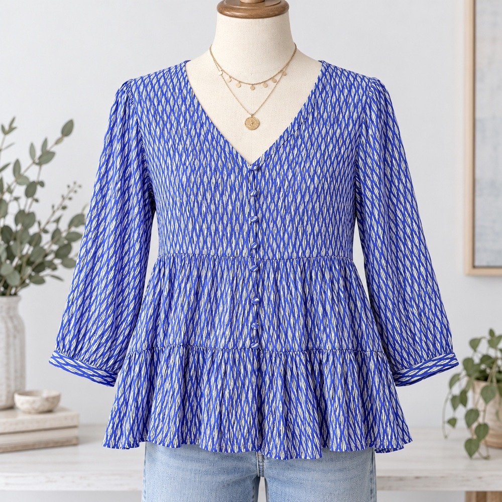 Maeve Anthropologie Lila Tunic Top Sz M Geometric Tiered Boho Peasant Blouse